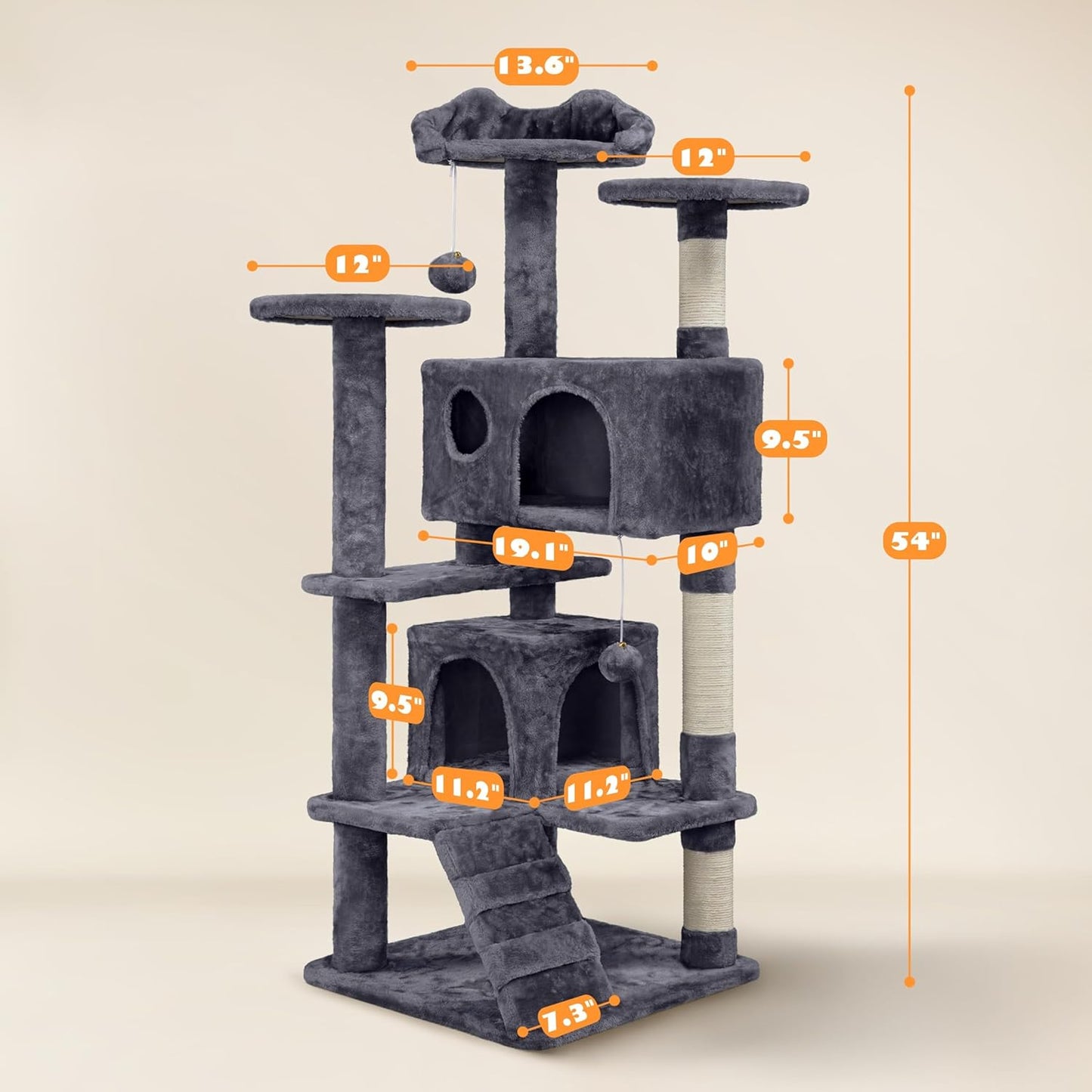 54In Cat Tree, Multi-Level Cat Tower with Spacious Kitten-Ear Perch, 2 Cozy Caves, Scratching Posts, Climbing Ladder, 2 Plush Balls, Durable Pet House Furniture for Indoor Kittens, Dark Gray