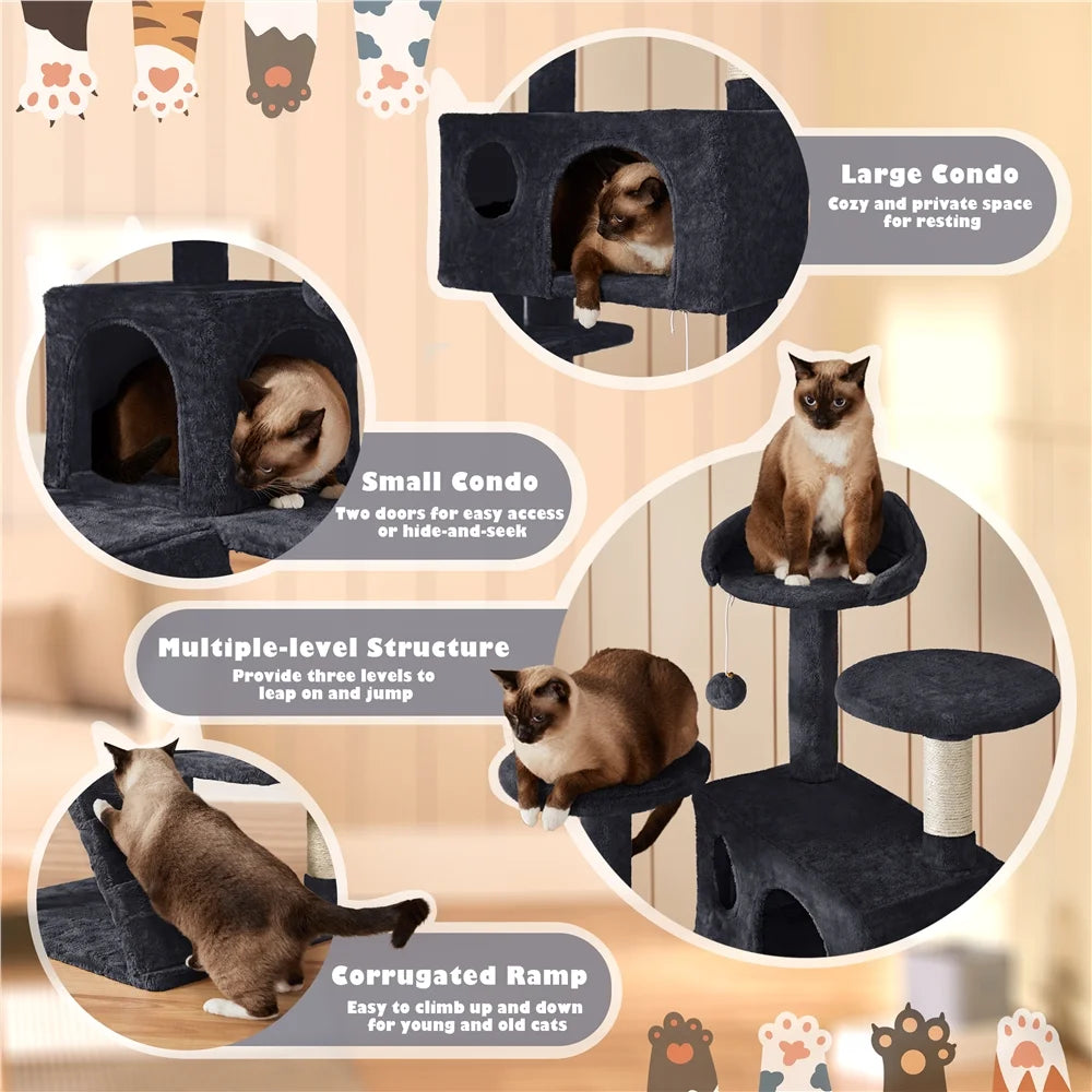 53.9" H Cat Tree with Double Condos, Scratching Posts & Ramp, Black