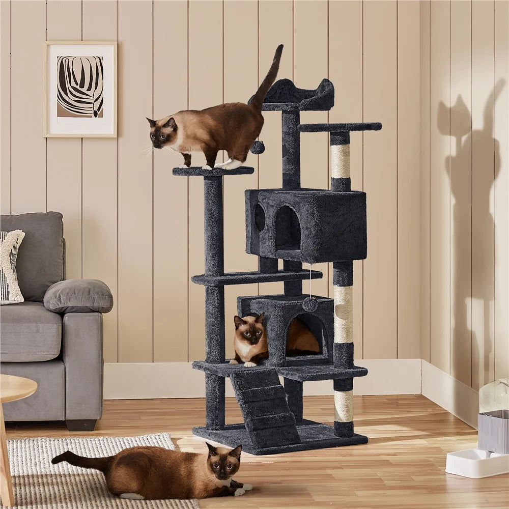 53.9" H Cat Tree with Double Condos, Scratching Posts & Ramp, Black