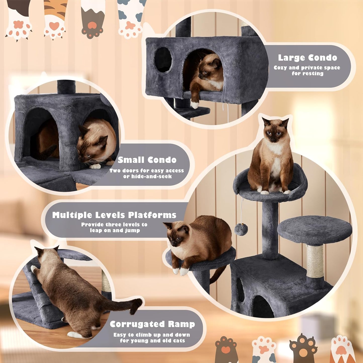 54In Cat Tree, Multi-Level Cat Tower with Spacious Kitten-Ear Perch, 2 Cozy Caves, Scratching Posts, Climbing Ladder, 2 Plush Balls, Durable Pet House Furniture for Indoor Kittens, Dark Gray
