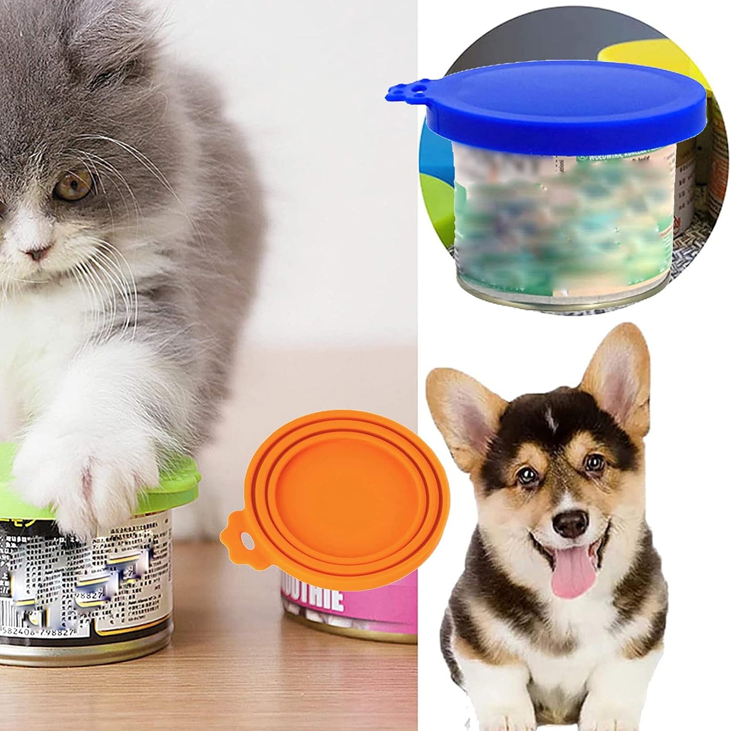 Pet Food Can Cover Silicone Can Lids for Dog and Cat Food, Pet Food Lids, Lids for Cans of Pet Food, Universal Size One Fit 3 Standard Size Food Cans (Blue+Orange)