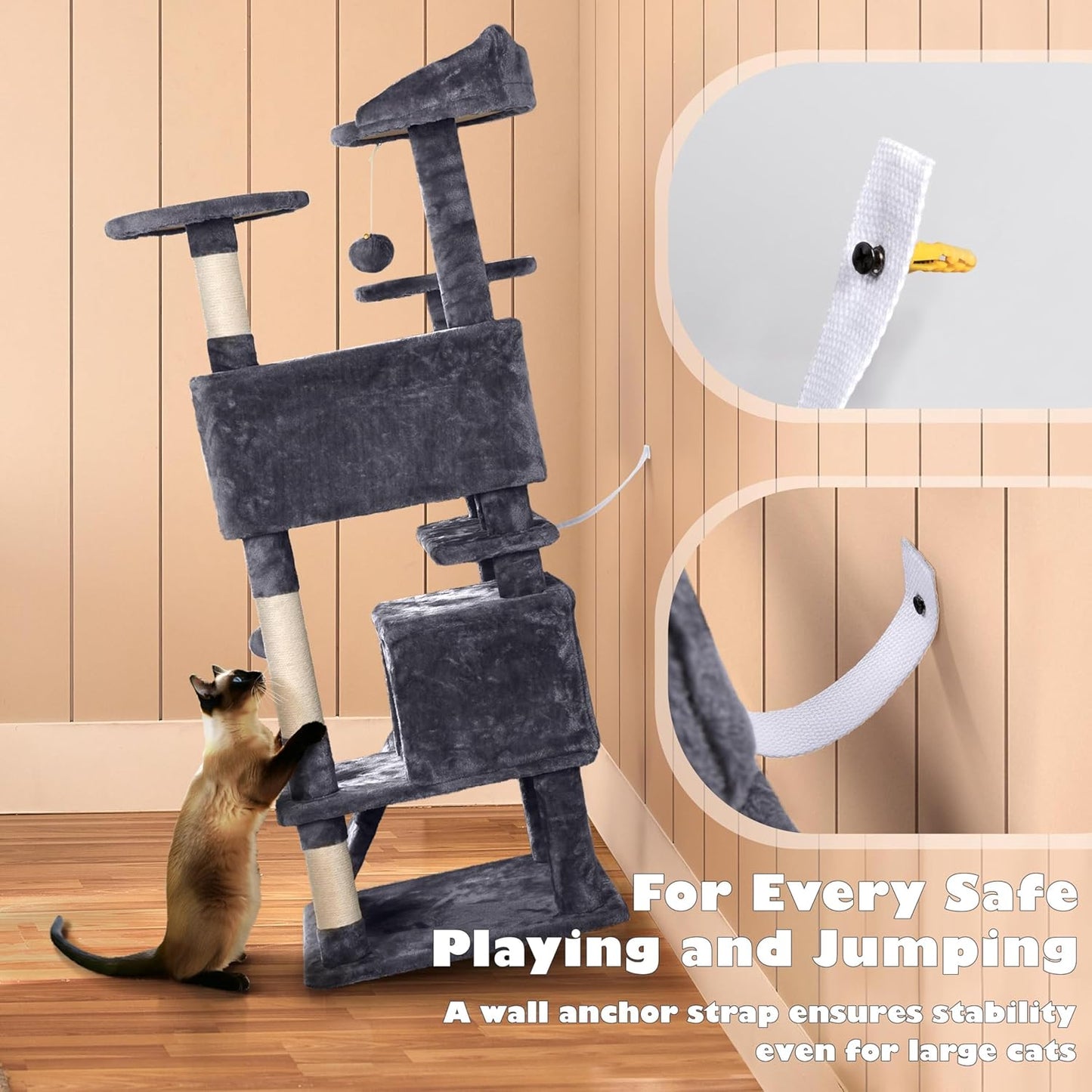 54In Cat Tree, Multi-Level Cat Tower with Spacious Kitten-Ear Perch, 2 Cozy Caves, Scratching Posts, Climbing Ladder, 2 Plush Balls, Durable Pet House Furniture for Indoor Kittens, Dark Gray