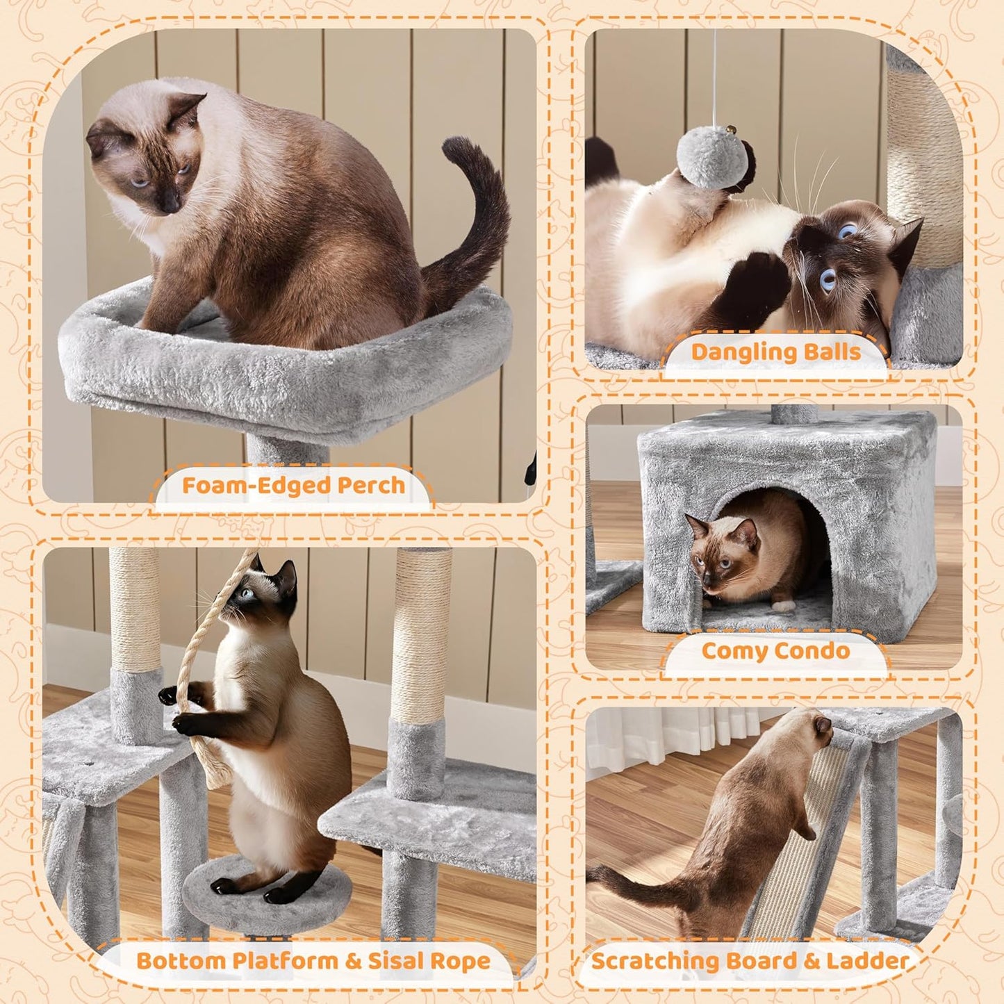 Cat Tree, 53.5 Inch Pet Play House with Sisal Scratching Posts, Condo, Perches, Wide Platform for Indoor Kittens/Adult Cats, Light Gray