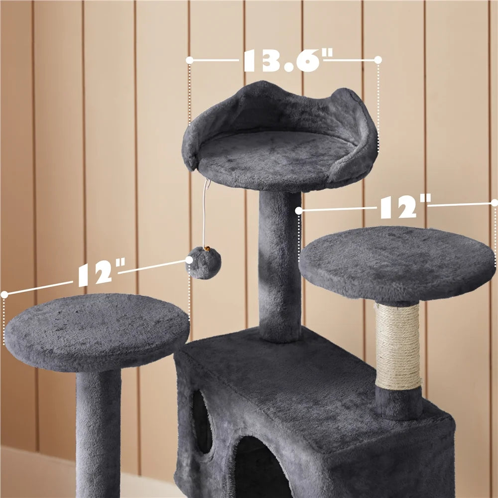 53.9" H Cat Tree with Double Condos, Scratching Posts & Ramp, Dark Gray