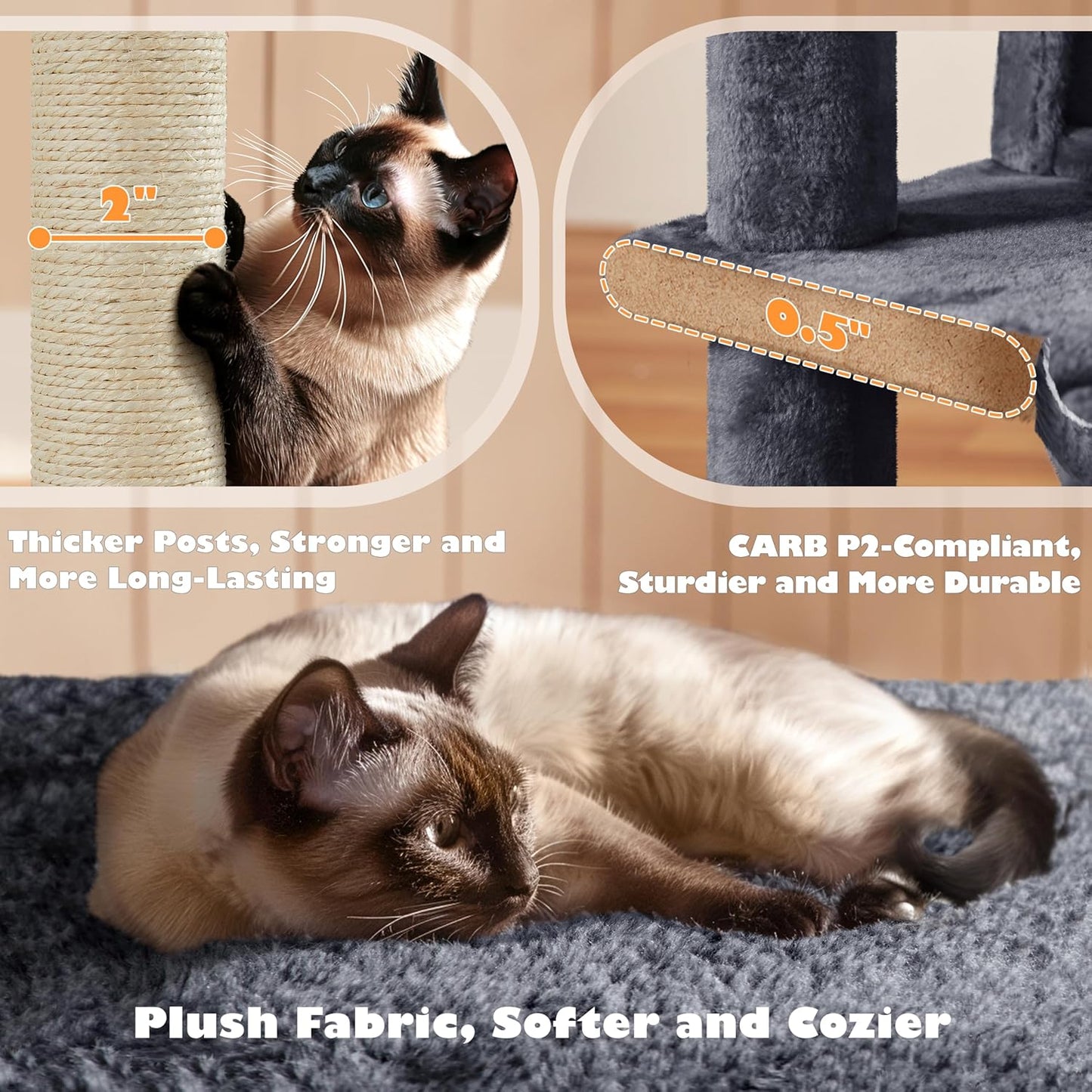 54In Cat Tree, Multi-Level Cat Tower with Spacious Kitten-Ear Perch, 2 Cozy Caves, Scratching Posts, Climbing Ladder, 2 Plush Balls, Durable Pet House Furniture for Indoor Kittens, Dark Gray