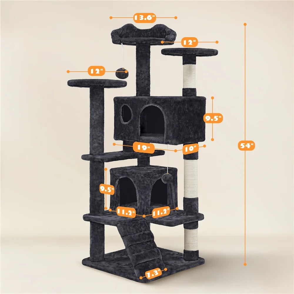 53.9" H Cat Tree with Double Condos, Scratching Posts & Ramp, Black