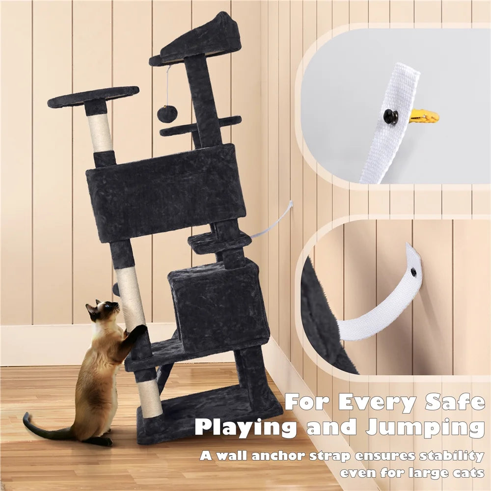 53.9" H Cat Tree with Double Condos, Scratching Posts & Ramp, Black