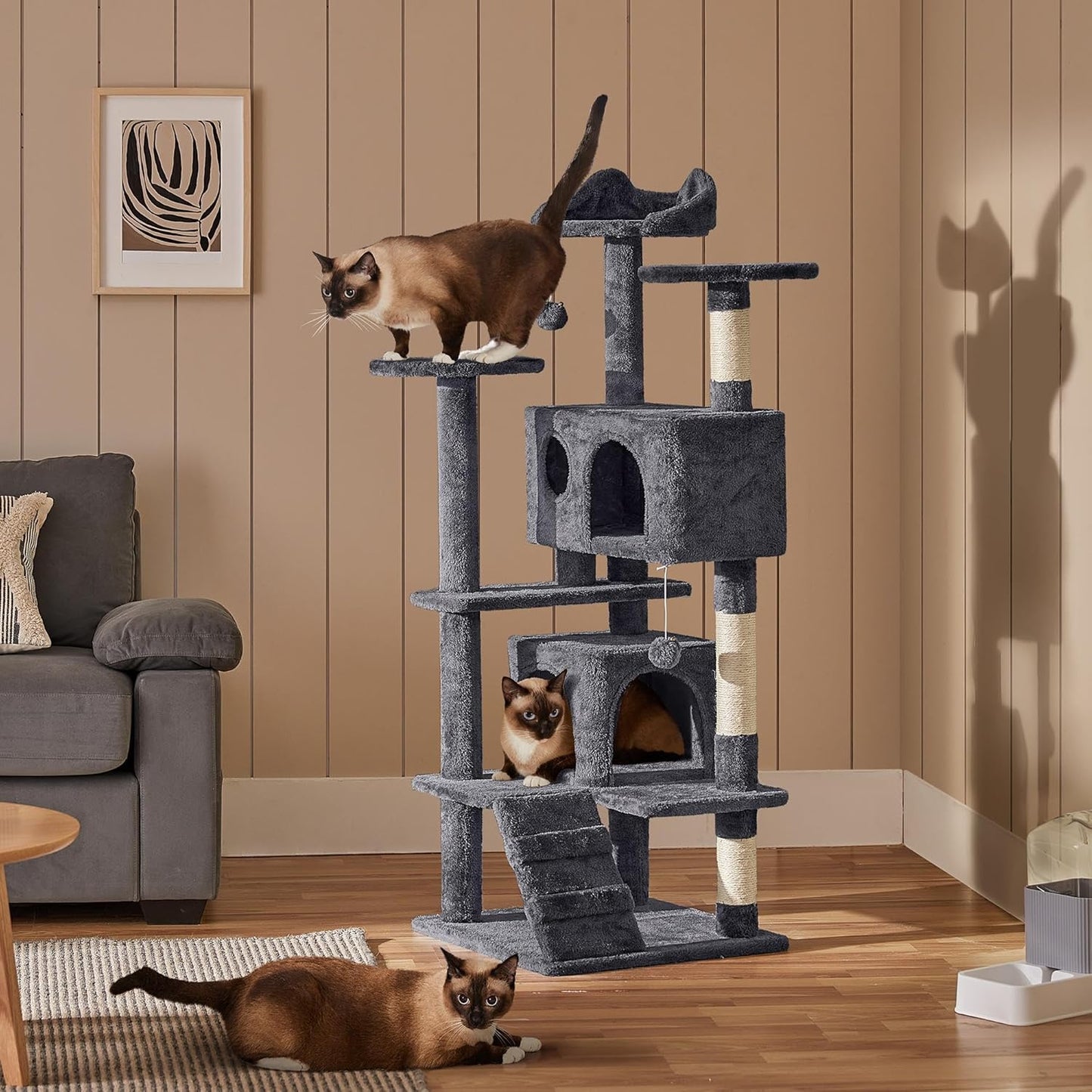 54In Cat Tree, Multi-Level Cat Tower with Spacious Kitten-Ear Perch, 2 Cozy Caves, Scratching Posts, Climbing Ladder, 2 Plush Balls, Durable Pet House Furniture for Indoor Kittens, Dark Gray