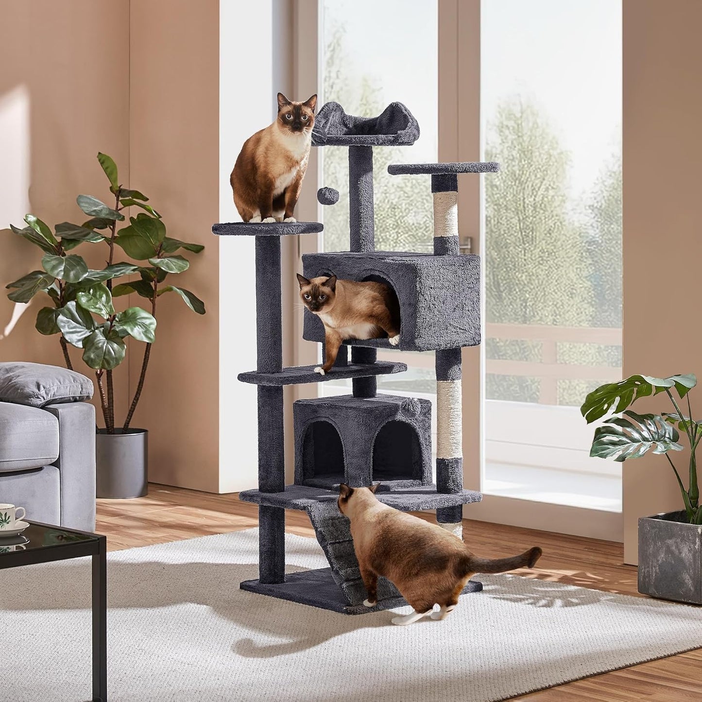 54In Cat Tree, Multi-Level Cat Tower with Spacious Kitten-Ear Perch, 2 Cozy Caves, Scratching Posts, Climbing Ladder, 2 Plush Balls, Durable Pet House Furniture for Indoor Kittens, Dark Gray