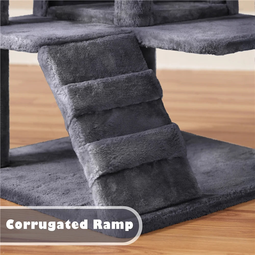 53.9" H Cat Tree with Double Condos, Scratching Posts & Ramp, Dark Gray