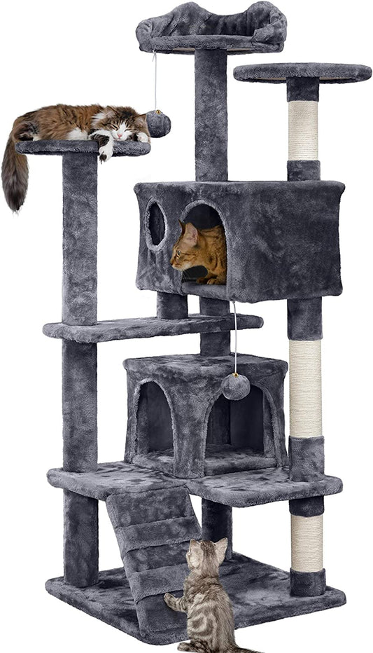 54In Cat Tree, Multi-Level Cat Tower with Spacious Kitten-Ear Perch, 2 Cozy Caves, Scratching Posts, Climbing Ladder, 2 Plush Balls, Durable Pet House Furniture for Indoor Kittens, Dark Gray