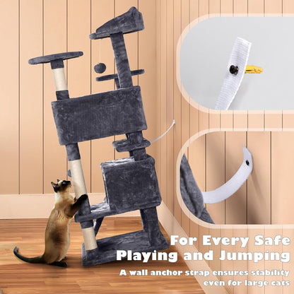 54In Cat Tree, Multi-Level Cat Tower with Spacious Kitten-Ear Perch, 2 Cozy Caves, Scratching Posts, Climbing Ladder, 2 Plush Balls, Durable Pet House Furniture for Indoor Kittens, Dark Gray
