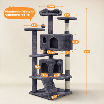53.9" H Cat Tree with Double Condos, Scratching Posts & Ramp, Dark Gray