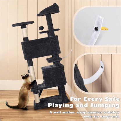 53.9" H Cat Tree with Double Condos, Scratching Posts & Ramp, Black