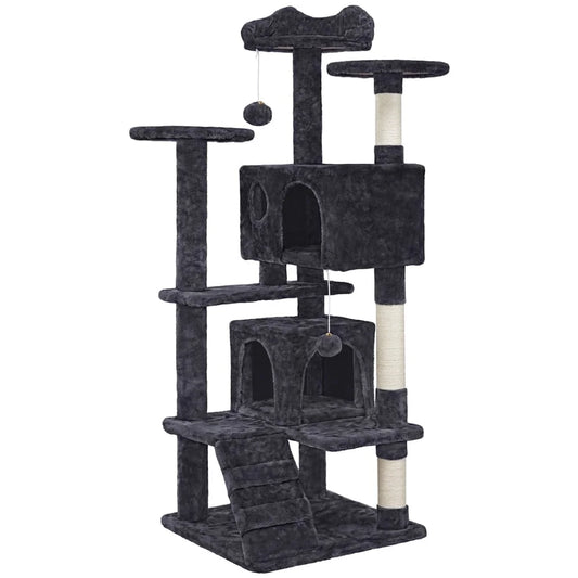 53.9" H Cat Tree with Double Condos, Scratching Posts & Ramp, Black